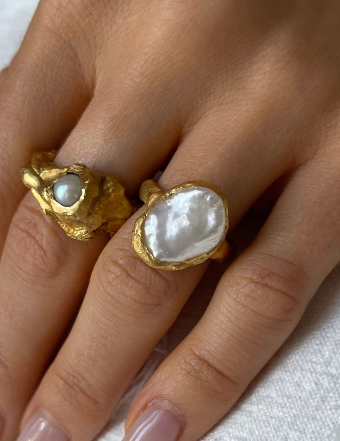 MIni Aurora Peal Ring on Hand | The Bow Jewelry