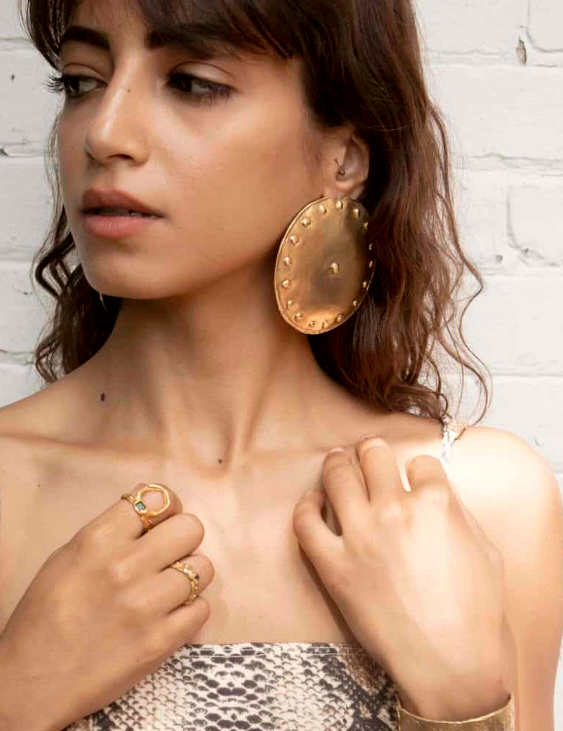 Shield Shape Statement Amazonian Inspired Earrings on Model | The Bow Jewelry