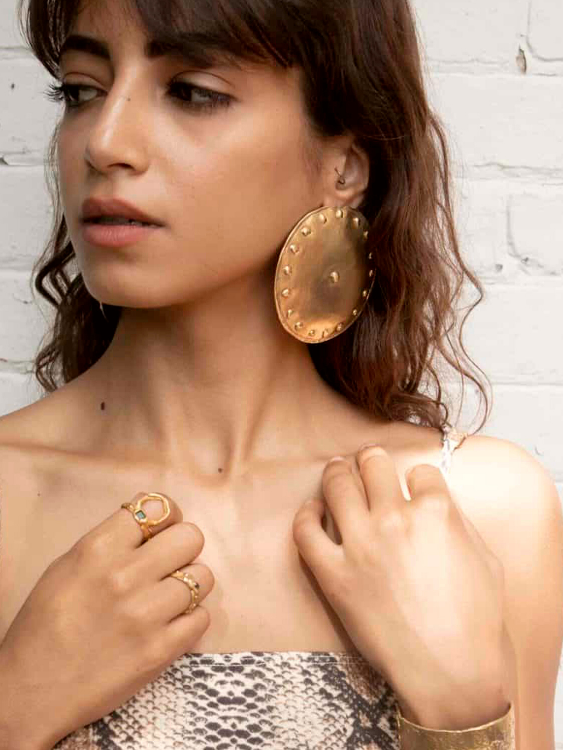 Shield Shape Statement Amazonian Inspired Earrings on Model | The Bow Jewelry