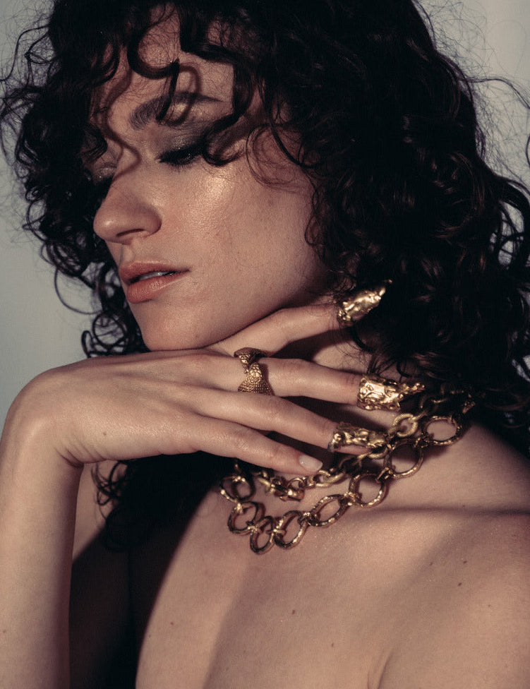 Model wearing double cobra gold plated ring | The Bow Jewelry